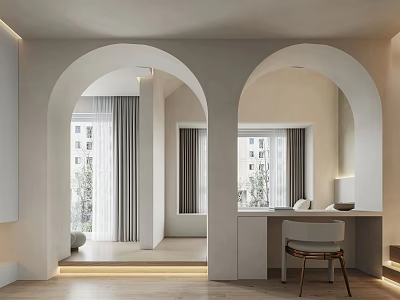 Modern Bedroom Interior With White Arched Doorways Vanity Table Windows Curtains And Warm Lighting 3d model