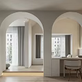 Modern Bedroom Interior With White Arched Doorways Vanity Table Windows Curtains And Warm Lighting