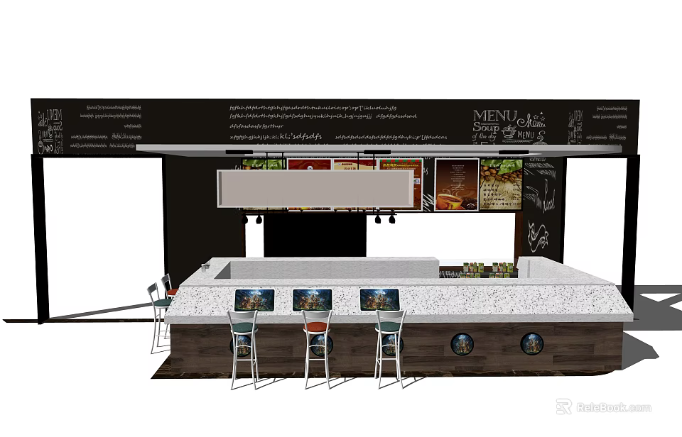 Modern Reception Counter Interior Design With Menu Board And Bar Stools 3d model 