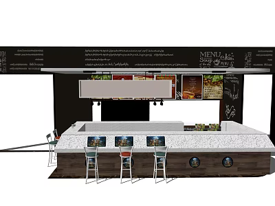 Modern Reception Counter Interior Design With Menu Board And Bar Stools 3d model