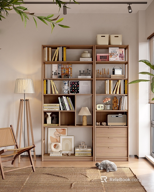 Modern Wooden Bookshelf Filled With Books Decorative Items And Home Decor 3d model 