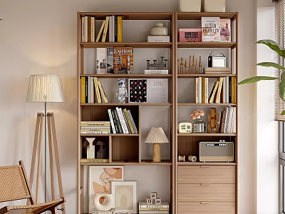Modern Wooden Bookshelf Filled With Books Decorative Items And Home Decor 3d model