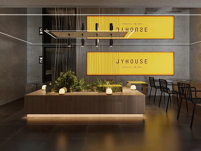 Stylish Modern Milk Tea Shop Interior With Wooden Counter Green Plants And Seating Area 3d model