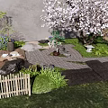 Serene Karesansui Garden with Cherry Blossom Tree Stone Pathway Wooden Fence and Tea Set