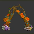 Colorful Decorative Arch With Branches Orange Flowers Green Leaves Purple Shells And Pink Clouds