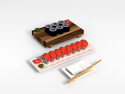 Assorted Sushi Rolls Platter With Wooden Tray White Plate And Chopsticks Set 3d model