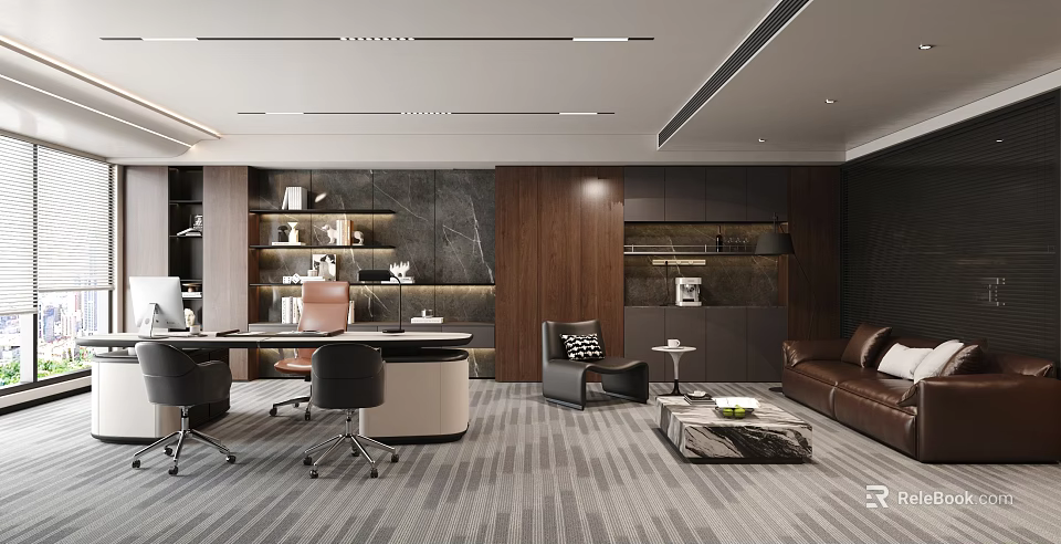 Modern Office Interior Design With Executive Desk Leather Sofa And Wooden Bookshelves 3d model 