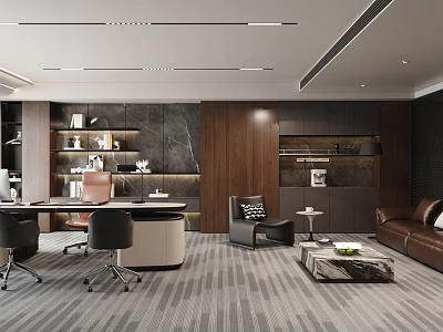 Modern Office Interior Design With Executive Desk Leather Sofa And Wooden Bookshelves 3d model