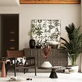 Modern Wooden Sideboard Cabinet With Decorative Vases And Potted Plants Near Calligraphy Wall Art