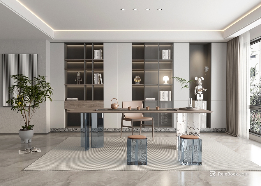 Modern Tea Room Interior Design With Long Wooden Table Transparent Stools Bookshelves And Green Plant 3d model 