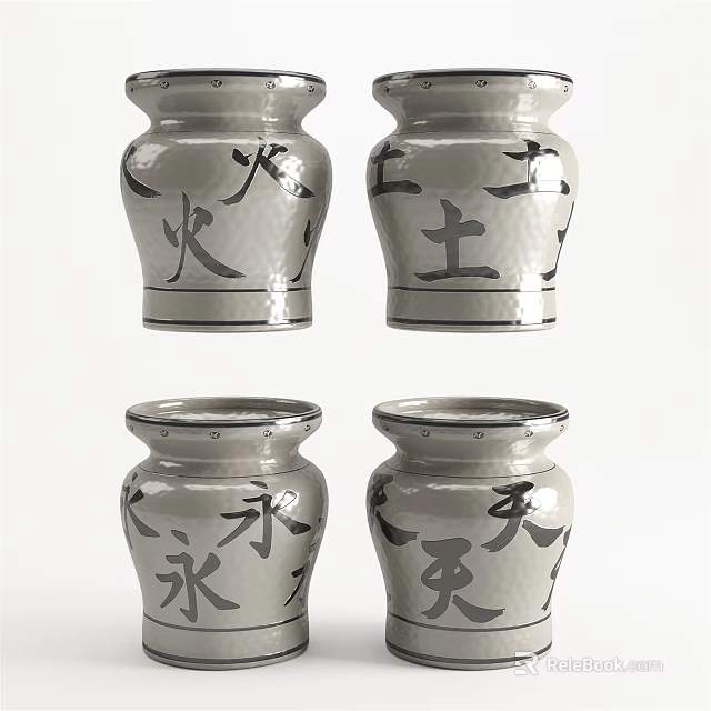 Traditional Style Ceramic Vases With Black Chinese Characters And Gray White Finish 3d model 