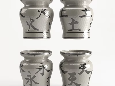 Traditional Style Ceramic Vases With Black Chinese Characters And Gray White Finish 3d model