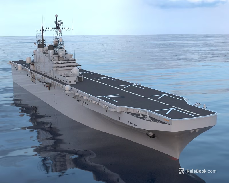 Modern Naval Warship With Flat Flight Deck Sailing On Calm Ocean Water 3d model