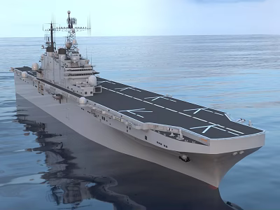 Modern Naval Warship With Flat Flight Deck Sailing On Calm Ocean Water 3d model