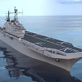 Modern Naval Warship With Flat Flight Deck Sailing On Calm Ocean Water 3d model
