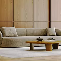 Modern Living Room Interior With Light Gray Sofa Wooden Walls And Round Coffee Table