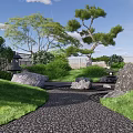 Karesansui Garden Design With Stones Gravel Pine Trees Mossy Plants And Wooden Deck