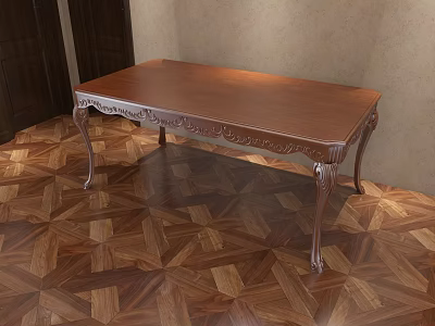 Wooden Coffee Table with Intricate Carved Legs on Geometric Patterned Wooden Floor and Beige Walls 3d model