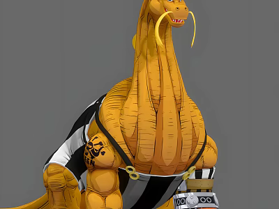 Muscular Yellow Dragon Game Movie Character With Black White Striped Vest Arm Tattoos Badge Belt 3d model