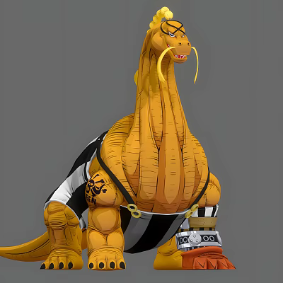 Muscular Yellow Dragon Game Movie Character With Black White Striped Vest Arm Tattoos Badge Belt 3d model