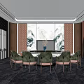 Luxurious Private Dining Room With Round Table Green Chairs And Mountain Pattern Wall Decor 3d model