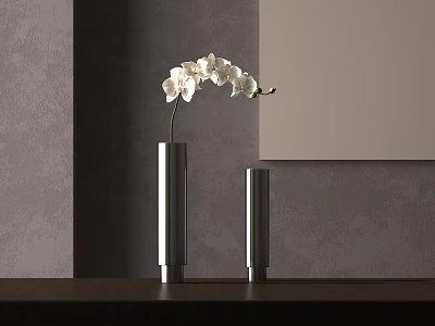 White Orchid Flowers In Metallic Vase With Smaller Vase On Dark Tabletop And Gray Wall 3d model