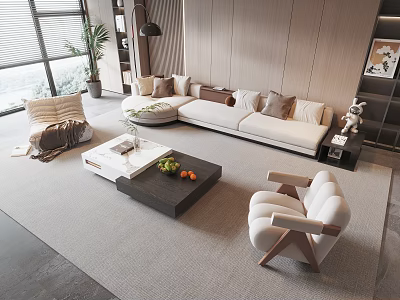 Modern White Sofa and Dark Coffee Table Set with Throw Pillows Fruits in Living Room 3d model