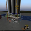 Industrial Equipment With Large Storage Silos Yellow Ladders Platforms Containers And Forklift At Industrial Yard