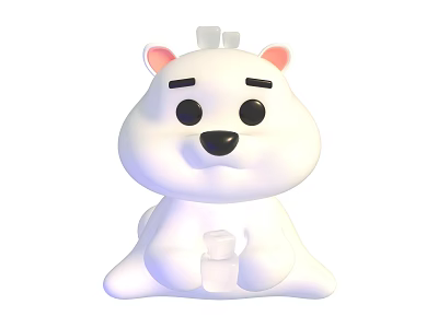 Cute White Cartoon Bear Toy With Pink Ears Black Eyes And Small Bottle 3d model