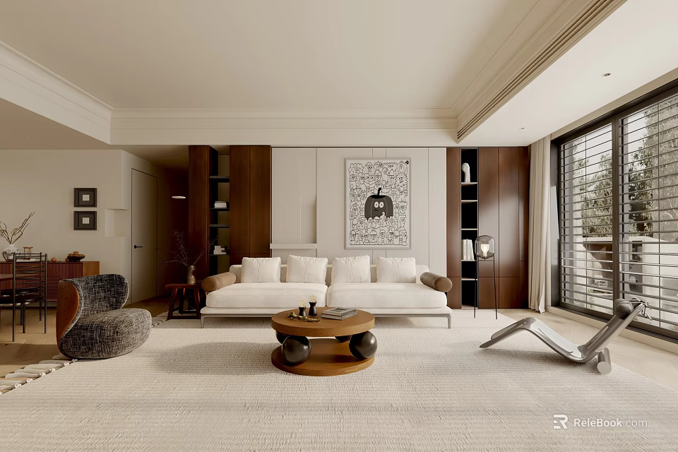 Elegant Modern Living Room Interior With Sofa Accent Chair Rug And Floor to Ceiling Windows 3d model 