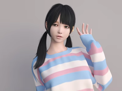Woman With Black Hair Pigtails Wearing Blue Pink White Striped Sweater Waving Hand Gray Background 3d model