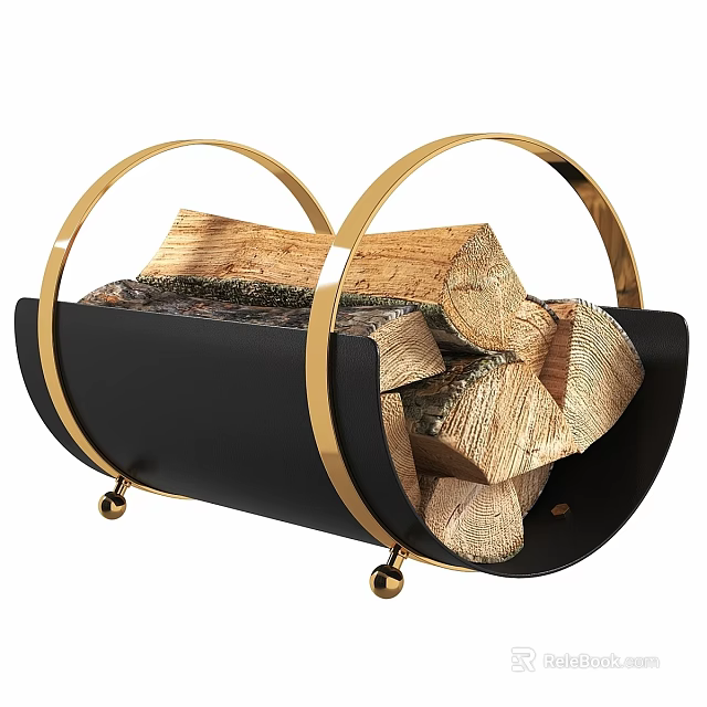 Elegant Black Fireplace With Golden Metal Rings And Logs On Wheels 3d model 