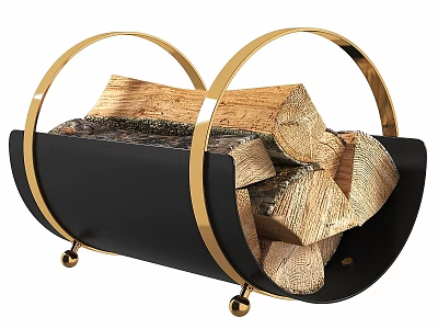 Elegant Black Fireplace With Golden Metal Rings And Logs On Wheels 3d model