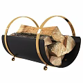 Elegant Black Fireplace With Golden Metal Rings And Logs On Wheels