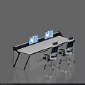 Modern Office Desk with Dual Monitors Ergonomic Chairs White Black Drawers