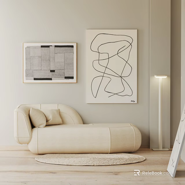 Modern Living Room Interior With Abstract Artworks Beige Sofa Floor Lamp And Light Carpet 3d model 