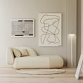 Modern Living Room Interior With Abstract Artworks Beige Sofa Floor Lamp And Light Carpet