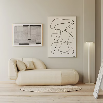 Modern Living Room Interior With Abstract Artworks Beige Sofa Floor Lamp And Light Carpet 3d model