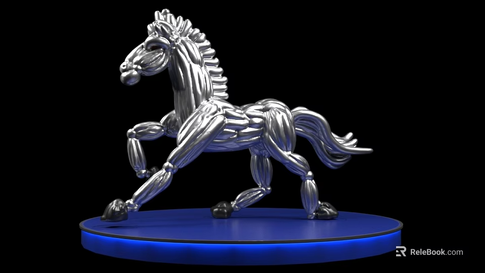 Silver Horse Art Installation With Blue Circular Base And Illuminated Edge 3d model 