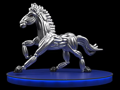 Silver Horse Art Installation With Blue Circular Base And Illuminated Edge 3d model