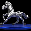 Silver Horse Art Installation With Blue Circular Base And Illuminated Edge