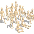Collection of Wooden Humanoid Dolls in Various Poses Standing and Sitting