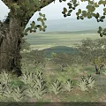 Lush Green Landscape With Ancient Tree Rolling Hills Low Shrubs And Wildflowers