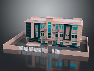 Cartoon Style Multi Story Building Model With Pink And Blue Exterior Windows And Entrance 3d model