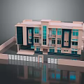 Cartoon Style Multi Story Building Model With Pink And Blue Exterior Windows And Entrance