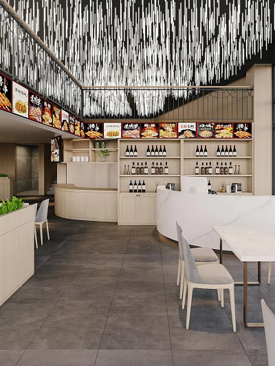 Modern Restaurant Interior With Bar Counter Coffee Machine Wine Bottles Menu Posters And Green Plants 3d model