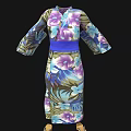 Traditional Japanese Kimono With Floral Pattern Blue Belt And Geta Sandals