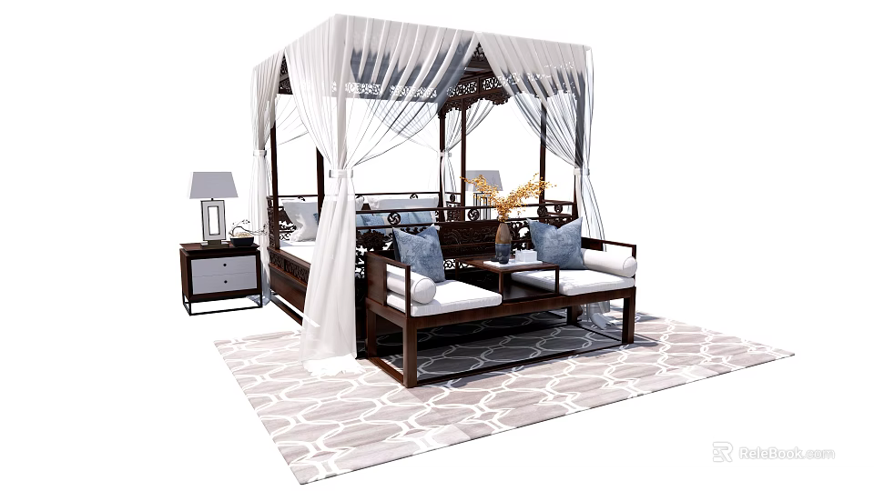 Chinese Style Double Bed With White Canopy Nightstand Table Lamp Sofa And Patterned Rug 3d model 