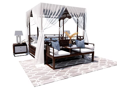 Chinese Style Double Bed With White Canopy Nightstand Table Lamp Sofa And Patterned Rug 3d model