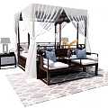 Chinese Style Double Bed With White Canopy Nightstand Table Lamp Sofa And Patterned Rug 3d model